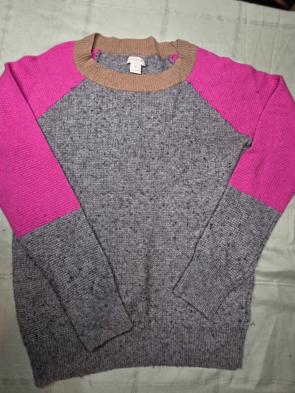 J. Crew Colorblock Merino Wool Blend Waffle Knit Sweater Pink Grey Tan M